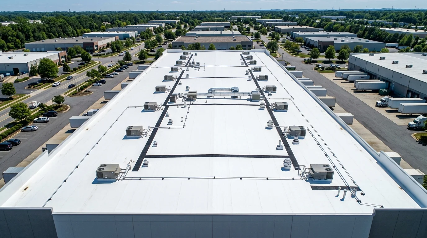 Commercial white TPO flat roof installation and maintenance