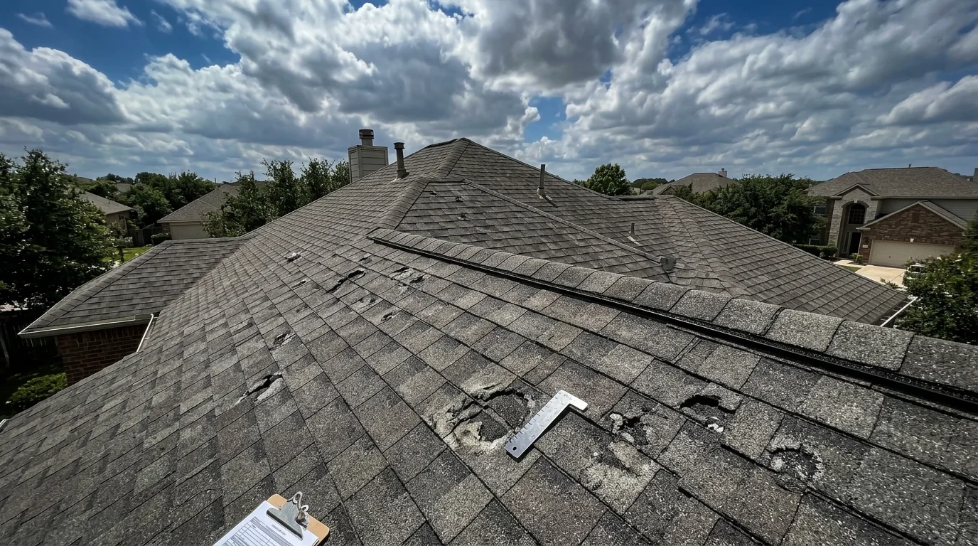 Hail damage inspection on asphalt roof shingles
