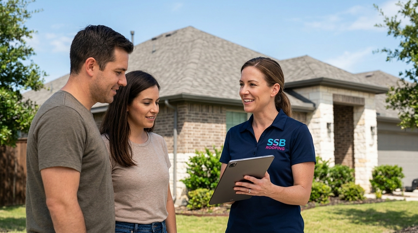 SSB Roofing insurance claims specialist reviewing storm damage inspection with homeowners